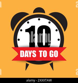 Illustrazione del timer del conto alla rovescia. Concentrazione numero dieci. Testo in grassetto 10 giorni prima dell'inizio. Sfondo giallo brillante. Illustrazione Vettoriale