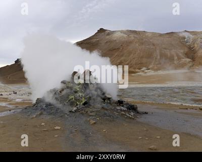 Fumarole nell'area ad alta temperatura di Hveraroend su Namafjall in Islanda Foto Stock