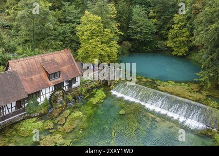 Blautopf Blaubeuren con monumento industriale Hammerschmiede, sorgente del piccolo fiume Blau in un paesaggio con foresta. Primavera carsica, geotopo e geo Foto Stock