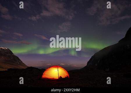 Aurora boreale (Auroa borealis) sopra tenda illuminata, Norrbotten, Lapponia, Svezia, ottobre 2014, Europa Foto Stock