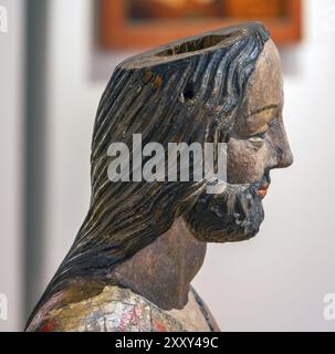 Particolare del Palmesel, figura lignea del 1380 circa, testa di Cristo, Hohenzollerisches Landesmuseum, Hechingen, Baden-Wuerttemberg, Germania, Europa Foto Stock