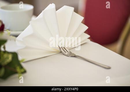 Forchetta con un tovagliolo piegato a ventaglio Foto Stock