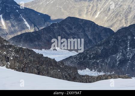 Ghiacciaio Bjoerlings e ghiacciaio Stor, Kebnekaisefjaell, Norrbotten, Lapponia, Svezia, agosto 2013, Europa Foto Stock