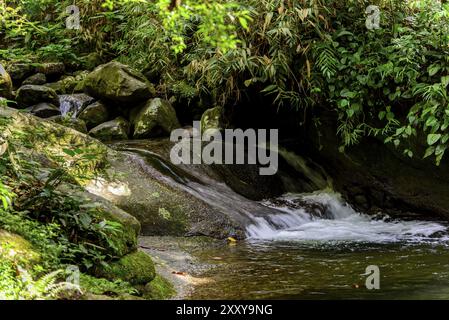 Piccolo fiume e cascata tra il Itatiaia Parco Nazionale di rocce Penedo, Rio de Janeiro Foto Stock