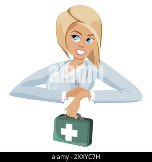 Medico donna cartoni animati in possesso di un kit di pronto soccorso Foto Stock