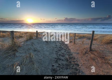 Sentiero di sabbia senza spiaggia di mare settentrionale al tramonto, Paesi Bassi Foto Stock