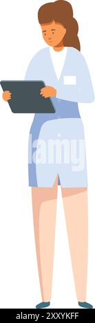 Il medico donna è in piedi e utilizza una compressa digitale, potenzialmente per cartelle cliniche elettroniche o scopi di telemedicina Illustrazione Vettoriale