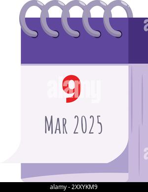 La pagina del calendario a strappo mostra la data del 9 marzo 2025 Illustrazione Vettoriale