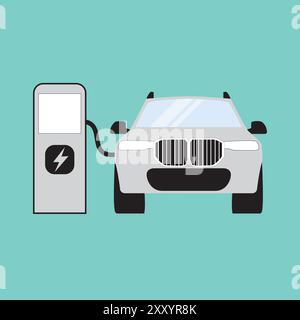 Concetto vettoriale della stazione di ricarica ev per auto elettriche. Illustrazione della batteria al neon di sfondo dell'energia del caricabatteria per veicoli elettrici Illustrazione Vettoriale