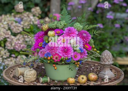 composizione floreale con dalie rosa, zinnie, garofani, erbe, carote selvatiche, rosa anche, foglie di felce e mele in giardino Foto Stock