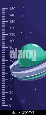Tabella dell'altezza a tema spaziale con una navicella spaziale a cartoni animati che vola nello spazio Illustrazione Vettoriale
