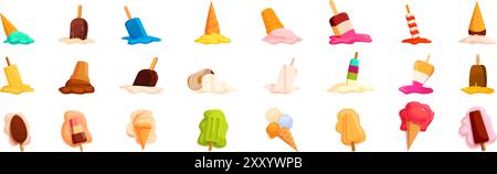 Set icone gelato fuso. Set di gelati di gusti diversi che si fondono sul terreno Illustrazione Vettoriale