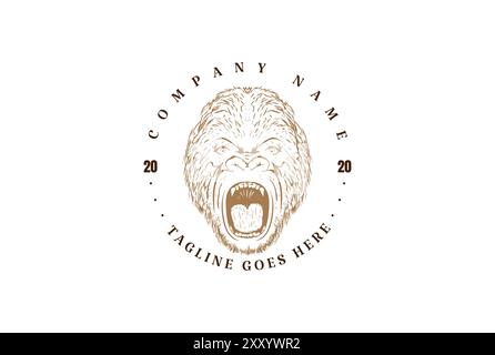 Vintage retro Angry Roaring Gorilla Head con logo Vector Illustrazione Vettoriale