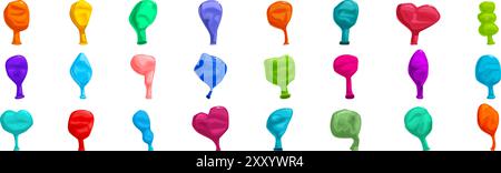Set di icone palloncino non gonfiate. Set di palloncini colorati con elio, in diverse forme, che perdono aria Illustrazione Vettoriale