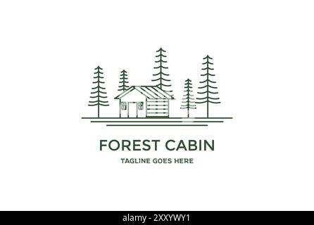 Pine Cedar Evergreen Spruce Conifer Fir Larch Cypress Trees Forest with House for Real Estate Cabin Villa Inn Hotel Chalet Cottage Logo Design Illustrazione Vettoriale