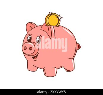 Piggy Bank carattere finanziario retrò con una moneta che rappresenta risparmi, depositi, investimenti e finanziamenti. Personaggio isolato del salvadanaio di maiale rosa vettoriale dei cartoni animati con un volto allegro, che raccoglie denaro Illustrazione Vettoriale