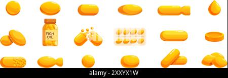 Set di icone della capsula di olio di pesce. Set di icone raffiguranti l'olio di pesce in varie forme, tra cui capsule, liquidi e pillole, simboleggiando la salute e la nutrizione Illustrazione Vettoriale