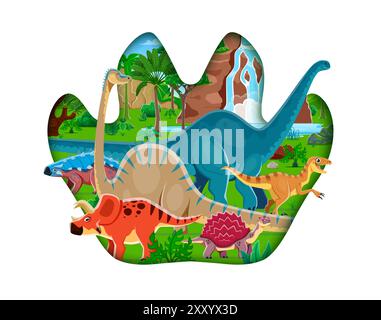 Dinosauri preistorici in carta tagliati con lucertole e rettili dell'era giurassica, vettore di cartoni animati. Divertenti dinosauri e lucertole giganti nella foresta della giungla del Giurassico per bambini Illustrazione Vettoriale