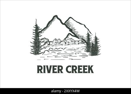 Montagna con River Creek e Pine Evergreen Conifer Fir Cypress Larch Trees Forest Logo Design Vector Illustrazione Vettoriale