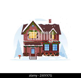 Esterno isolato della casa invernale di Natale, facciata di un edificio con tetto innevato. Cottage di campagna vettoriale decorato con luci scintillanti e ghirlande, che creano un ambiente accogliente e incantevole per le vacanze Illustrazione Vettoriale
