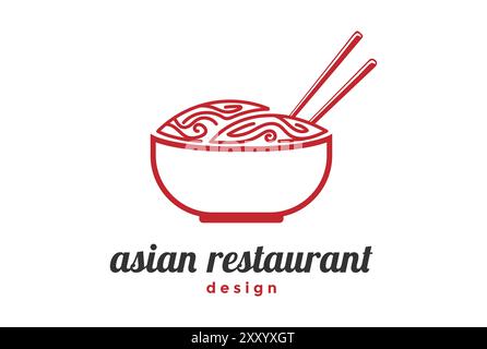 Ciotola d'epoca retrò con bastoncino di noodle per cucina asiatica, giapponese, coreana, orientale, ristorante Food Logo Design Vector Illustrazione Vettoriale
