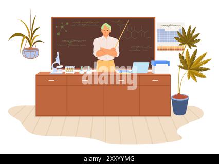 Insegnante di chimica sull'illustrazione vettoriale interna dell'aula scientifica Illustrazione Vettoriale