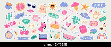 Set di adesivi diari carini. Etichette di pianificazione quotidiana alla moda, icone di album con citazioni motivazionali ed elementi di promemoria per la lista delle attività, la pianificazione o l'organizzatore. Arredamento per notebook con cibo e caffè. Illustrazione Vettoriale
