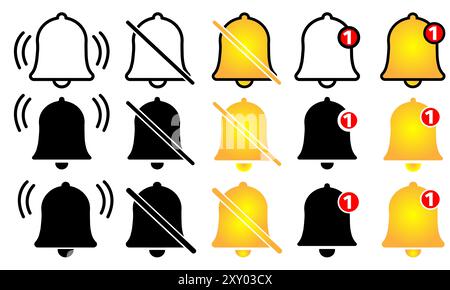 Icona della campana, notifica o simbolo di allarme. Icona dell'app per smartphone, icona o elemento dei social media Illustrazione Vettoriale