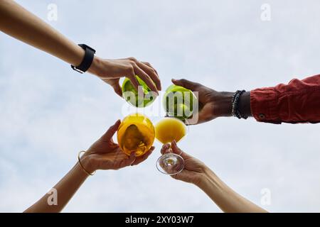 Quattro mani che reggono vibranti bicchieri da succo sollevati contro il cielo, mostrando diversità e unità degli individui che si uniscono per un momento condiviso Foto Stock