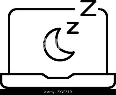 Simboli di luna e sonno sullo schermo del notebook. Turno di notte, modalità silenziosa del dispositivo. Icona del vettore pixel Perfect Illustrazione Vettoriale