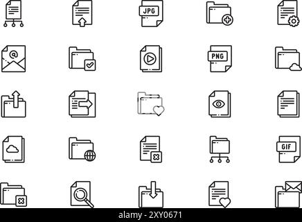 La raccolta di icone di file e documenti è un'illustrazione vettoriale con traccia modificabile. Illustrazione Vettoriale
