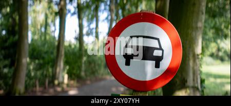 Ingresso vietato per le auto intorno al segnale stradale sul lato di una strada che raffigura un veicolo con persona all'interno di una fascia rossa. Banner grandangolare Foto Stock