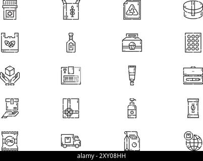 La raccolta di icone di imballaggio è un'illustrazione vettoriale con traccia modificabile. Illustrazione Vettoriale