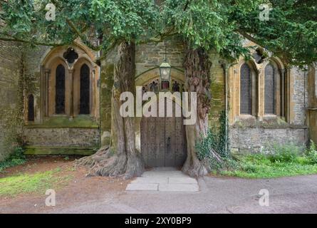 Inghilterra, Gloucestershire, Stow on the Wold, St Edward's Church, North Door fiancheggiata da alberi di tasso che si dice abbiano ispirato le porte di Durin di Tolkien in il Signore degli anelli. Foto Stock