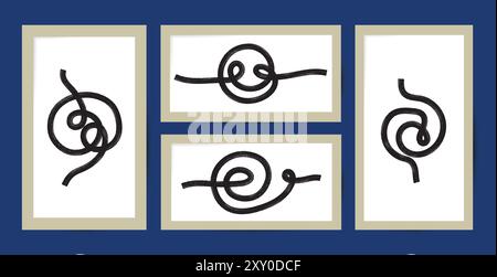 Striscioni con linee a pennello audaci, disegni a parete, poster. Grunge astratto ondulato curvo, rotondo, turbolenza, forme geometriche. Illustrazione Vettoriale