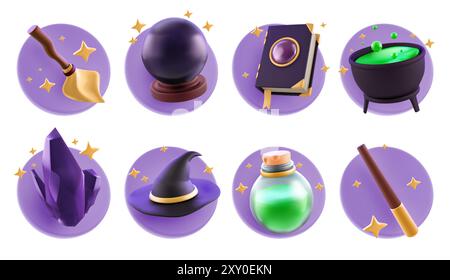 3d magic game icons. Collection of wizard elements and tools - broomstick and sorcery wand, spell book and fortune teller sphere, green potion in cauldron and glass bottle, witch hat and crystal. Illustrazione Vettoriale