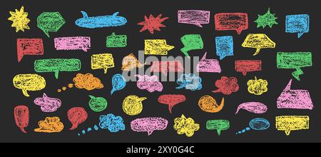 Set di divertenti bolle di conversazione per la chat. Modelli di frame dei fumetti per le finestre di dialogo. Collezione di palloncini per bambini scrittura a mano con penna a cera. Colorato Illustrazione Vettoriale