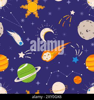 Pattern Universe senza cuciture. Pianeti sole, costellazioni e stelle. Oggetti spaziali astratti e meteoriti. Stampa in tessuto infantile, vettore di confezionamento Illustrazione Vettoriale