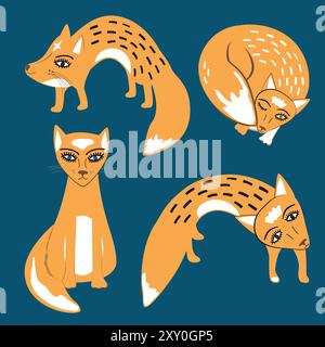 Set di dolci volpi da passeggio in stile ingenuo disegnato a mano. Disegno di animali cartoni animati, illustrazione vettoriale . Spirito foxy con grandi occhi Illustrazione Vettoriale