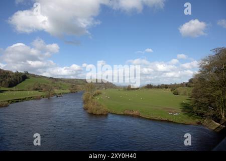 Il fiume Lune presso il Crook di Lune con una vista lontana di Penyghent nelle Yorkshire Dales vicino a Caton Lancaster Lancashire Inghilterra Foto Stock