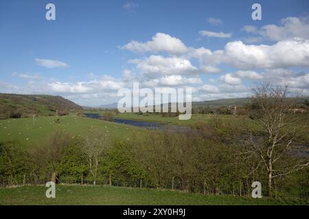 Il fiume Lune presso il Crook di Lune con una vista lontana di Penyghent nelle Yorkshire Dales vicino a Caton Lancaster Lancashire Inghilterra Foto Stock