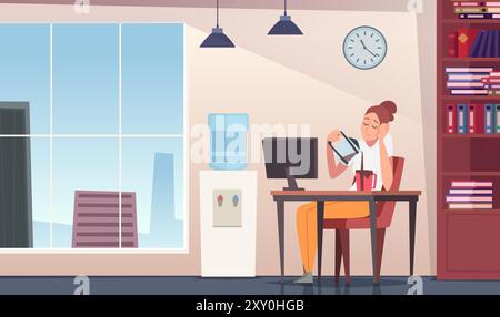 Stanco sul lavoro. Personaggi sovraccarichi di lavoro duro lavoro persona pigra a bassa energia esatte apatia vettoriale persone sullo sfondo del concept Illustrazione Vettoriale