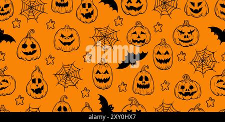 Zucca senza cuciture con doodle. Disegna le zucche con facce spaventose, ragnatele e sagome di pipistrelli. Design di stampa Halloween, modello vettoriale neoterico Illustrazione Vettoriale