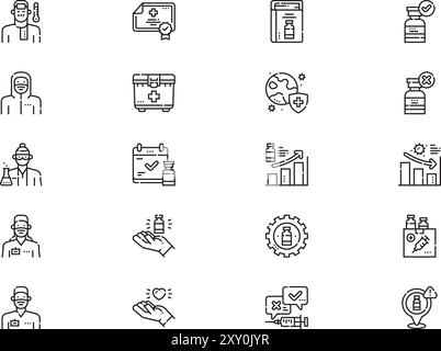 La raccolta di icone di vaccinazione è un'illustrazione vettoriale con ictus modificabile. Illustrazione Vettoriale