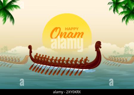 Illustrazione della corsa di snakeboat in Onam celebrazione sfondo per felice Onam festival del Kerala dell'India del Sud Illustrazione Vettoriale