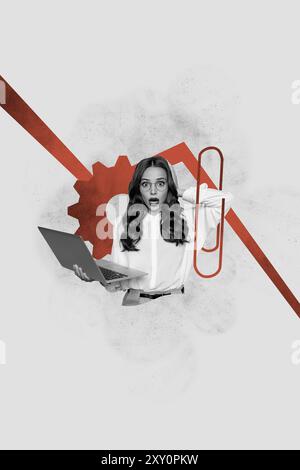 Collage fotografico verticale di una donna d'affari dal panico che ha la testa problema di declino grafico ingranaggi freelance isolati su sfondo dipinto Foto Stock