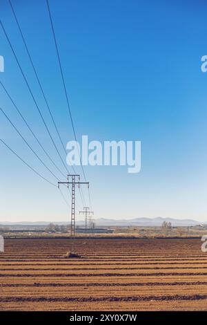 Un ambiente tranquillo caratterizzato da una serie di tralicci elettrici e linee elettriche che si estendono su un campo arato contro un cielo azzurro. Foto Stock