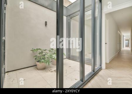 Interni luminosi e ariosi con un corridoio con porte in vetro, piante in vaso e un design pulito. Foto Stock