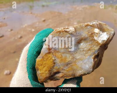 Grande frammento di calcedonia bagnata in mano, scoppio, foto di campo Foto Stock