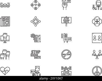 Nessuna raccolta di icone di razzismo è un'illustrazione vettoriale con tratto modificabile. Illustrazione Vettoriale